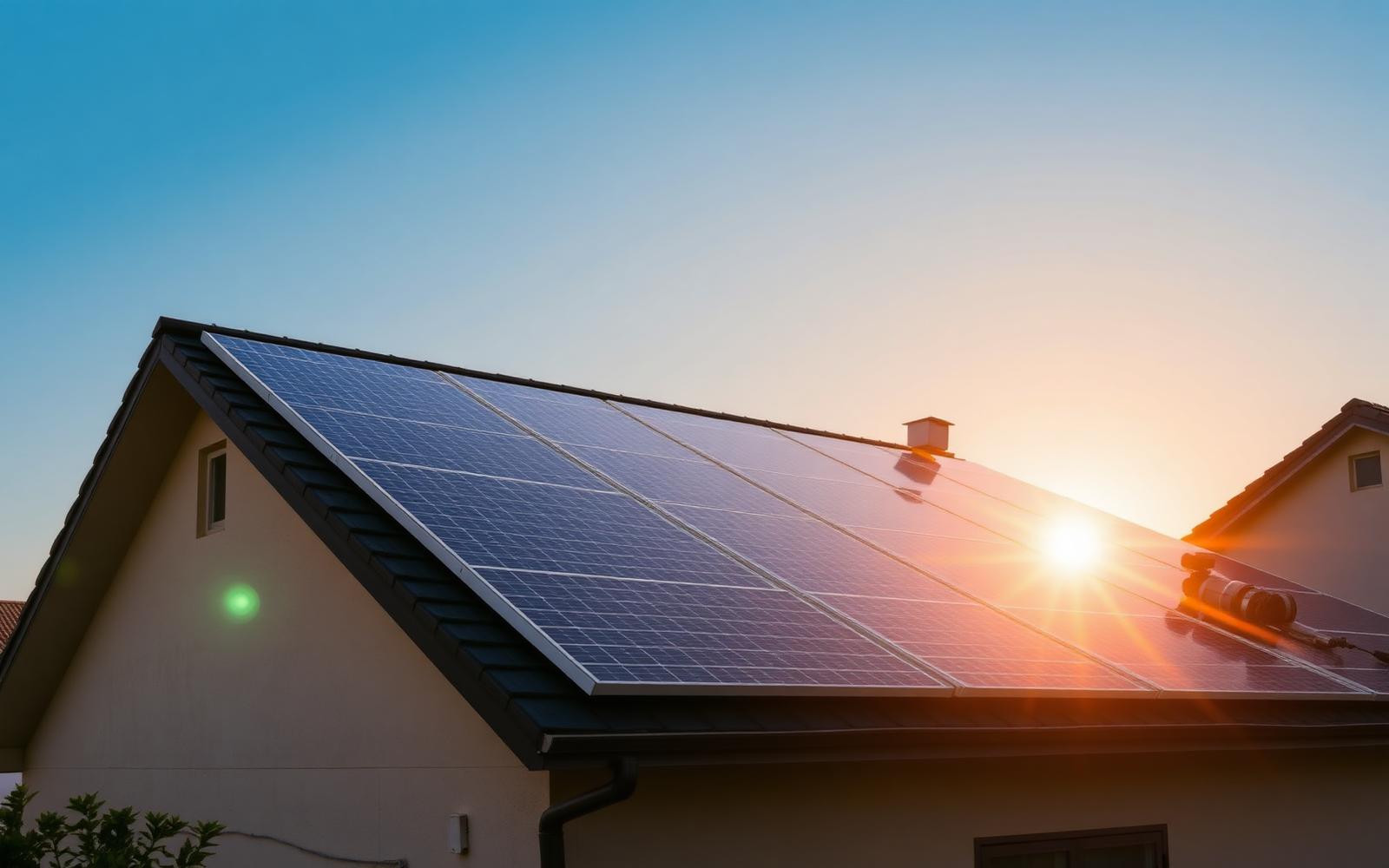 Rooftop solar panels catching sunlight at golden hour